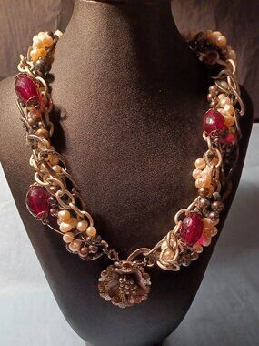 A Glamorous Goth - Chains, Pearls & Ruby Red Beads - a Necklace & Earring Set